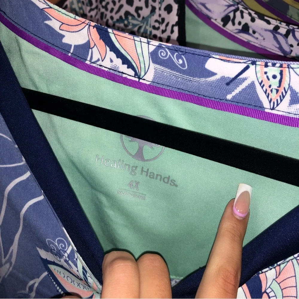 Healing Hands Purple Label Yoga Zip V-Neck blue butterfly pattern scrub top - Picture 9 of 10